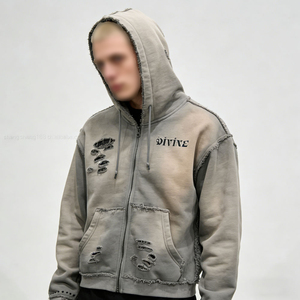 Vintage Washed Distressed Zip Up Hoodie Oversized Rivet Streetwear Sweatshirt for Men & Women - Product Image 3