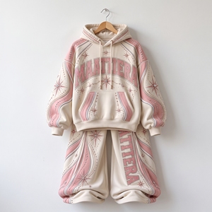 Conjunto de Sudadera con Capucha y Pantalones Anchos de Chándal Rosa Crema con Pedrería para Mujer, Adornado con Estrellas, Talla Grande, Personalizado OEM ODM al por Mayor - Product Image 6