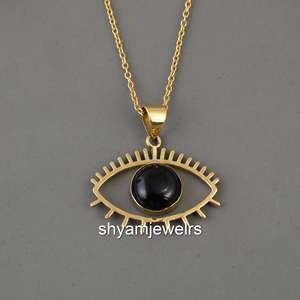 Pendentif Œil protecteur en obsidienne noire naturelle et eau douce, plaqué or 14 carats, fait main, style bohème, avec breloque cils, collier, cadeau, vente en gros - Product Image 5