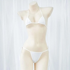 Conjunto de Bikini Blanco Sólido con Tiras y Joyería, Top Triangular Micro y Braguita con Lazos Laterales, Traje de Baño para Vacaciones en la Playa - Product Image 3
