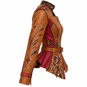 Chaqueta de Cuero Punk Personalizada OEM/ODM para Mujer, Chaqueta de Motociclista con Estampado y Tachuelas, Ropa Exterior Vintage para Motocicleta, Tallas Grandes - Product Image 3