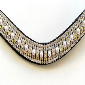 Calidad Premium Golden AB perlas cristales 5 filas Bling Wave cuero caballo Brow bandas hechas a mano Horse Brow bandas A precio al por mayor - Product Image 2