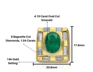 Anello da Cocktail Vintage in Oro 14K per Uomo <span class=keywords><strong>con</strong></span> <span class=keywords><strong>Smeraldo</strong></span> Naturale Ovale e Diamanti Baguette Certificati IGI, Design Geometrico Moderno, Febbraio - Product Image 3