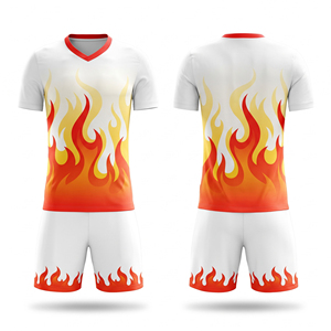 Conjunto de Camiseta de Fútbol con Estampado de Llamas, Cuello en V, Manga Corta, Secado Rápido, Ajuste Atlético, Uniforme de Poliéster para Todas las Temporadas, Blanco, Rojo, Amarillo - Product Image 1