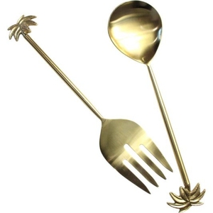 Elegance Gold Stainless Steel Salad Servers Set Modern Palm Design Woven Handle Serving Utensils Antique Finish Metal <b>Fork</b> - Product Image 1