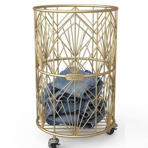 Handmade Iron Metal Gold <b>Laundry</b> <b>Basket</b> Wire Storage Hamper For Dirty Clothes Round Storage Bin For Hotel And Home Bathroom - Product Image 4