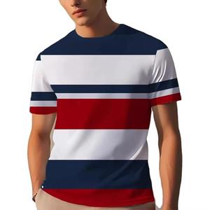 T-shirt décontracté d'été pour homme à manches courtes avec motif rayé contrastant, col imprimé, en tissu éponge 100 % coton, séchage rapide - Product Image 5