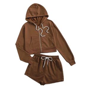 Ensemble 2 pièces pour femmes sweat à capuche durable haut court Shorts pour automne hiver doux respirant vêtements de sport solide Style Streetwear - Product Image 1