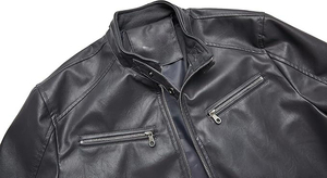 Blouson moto homme gris en cuir PU, col montant, fermeture éclair, coupe ajustée, longueur standard, pour l'automne - Product Image 4