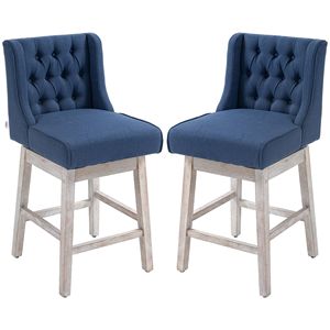 Sgabelli da Bar Contemporanei/Moderni (Set di 2) - Struttura in Metallo, Altezza Bancone, Rivestimento in Lino Blu con Design Trapuntato a Bottoni - Product Image 1