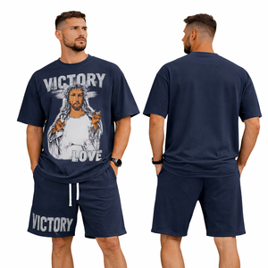 Conjunto de Camiseta y Pantalones Cortos de Verano para Hombre, Ropa Deportiva Informal, Estampado Victory Love, Algodón, Dos Piezas, Ropa de Gimnasio, Chándal Urbano - Product Image 1