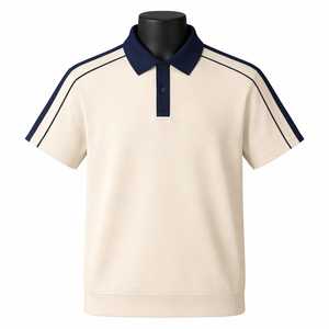 Polo de Manga Corta Color Crema para Hombre con Ribete en Contraste Azul Marino, Corte Regular, Tejido Casual, Color Sólido - Product Image 1