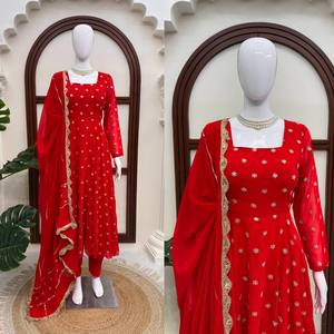 Red Floral Embroidered Indian Pakistani Anarkali Set Long Sleeve Dress with <b>Shawl</b> for <b>Wedding</b> Festival Wear - Product Image 6