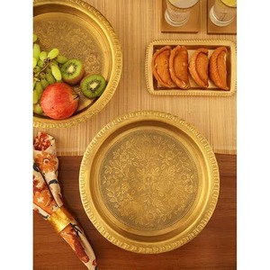 Round Gold Metal Decorative Plate Embossed Floral Pattern Hammered Texture Dish <b>Platter</b> Tray Decorative Handmade <b>Platter</b> - Product Image 5