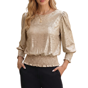 Women's Golden Polyester Satin Loose Autumn Blouse with Hubble-<b>Bubble</b> Sleeves O-Neck Elastic Waist Ruffles XL Chic Party Wear - Product Image 1