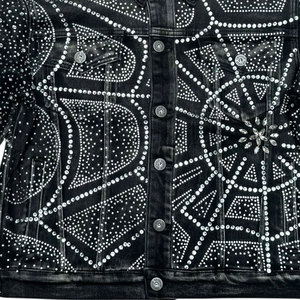 Veste en jean noire pour homme avec motif géométrique à sequins, col rabattu, style streetwear, coupe classique, imperméable et coupe-vent - Product Image 4