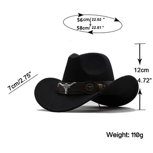 Sombrero Vaquero Occidental de Ala Ancha Liso para Hombre y Mujer, Venta al por Mayor, Económico, en Varios Tamaños, con Decoración de Cinturón de Toro, Logotipo Personalizado Aceptable - Product Image 1