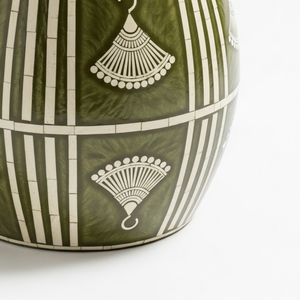 Tabouret tambour en os vert incrusté fait main – Table d'appoint ronde de luxe avec motifs géométriques et en éventail, table décorative - Product Image 4