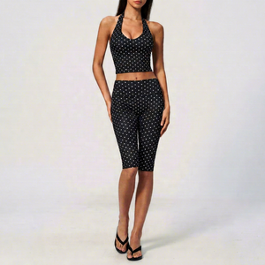 Black Polka Dot Yoga Set Halter <b>Crop</b> <b>Top</b> High Waist Calf-Length Pants 2 Piece Spandex Polyester Breathable - Product Image 1