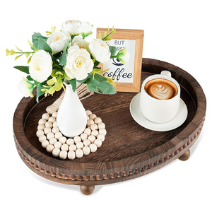 Plateau en bois décoratif ovale avec bords perlés pour la décoration intérieure dans la cuisine, la salle à manger, la table basse ou le cadre de ferme rustique - Product Image 1