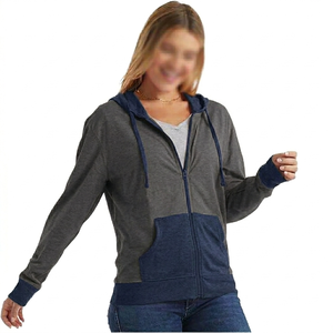 Sweat-shirt gris à capuche zippé pour femme, manches longues, couleur unie, tricoté, respirant, hiver, 100% coton, ODM Front - Product Image 5