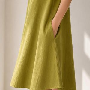 Women Olive Green Cotton Linen Maxi <b>Dress</b> O-neck <b>Loose</b> Fit Sleeveless Summer Casual <b>Dress</b> Solid Color With Pocket - Product Image 6