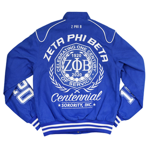 เสื้อแจ็คเก็ต Zeta Phi Beta Centennial Racing Jacket สำหรับผู้หญิง ZPB ฉลองครบรอบ 100 ปี ปี 1920 2020 สีน้ำเงิน สไตล์วาร์ซิตี้ เสื้อแจ็คเก็ตสมาคมนักศึกษาหญิง พรีเมียม - Product Image 2