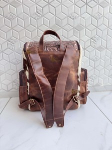 New Hand <b>Tooled</b> Leather Cowhide <b>Backpack</b> With Floral Carving Unisex Bohemian Style Multiple Pockets Zipper Closure Daily Use Bag - Product Image 5