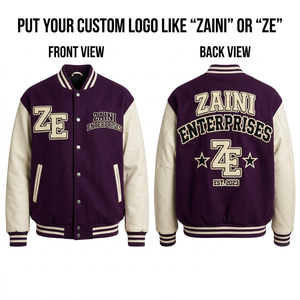 Chaqueta Varsity ZAINI ZE-062 para Hombre, Resistente al Viento, Estilo Urbano, Otoño, Mezcla de Lana 800 GSM, Mangas de Cuero PU 520 GSM, Panel Morado - Product Image 1