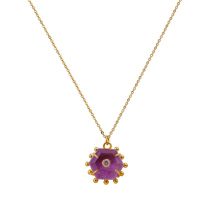 Collier pendentif hexagonal en laiton plaqué or 18 carats avec pierre précieuse améthyste violette pour femme, design tendance - Product Image 4