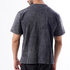 T-shirt en coton décontracté à col rond et manches courtes pour homme, coupe régulière, couleur unie, effet délavé, tricot jersey, noir et gris, vente en gros 2026 - Product Image 2