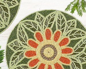 Handmade Beaded Round Placemat Floral Design Luxury Glass Bead <b>Table</b> <b>Mat</b> for Dining <b>Table</b> Decor Green & Orange Craftera Exports - Product Image 2