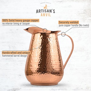 Pichet en cuivre pur de qualité supérieure, fait main, martelé, avec poignée, design rétro en forme de baril, pour une bonne santé. - Product Image 1
