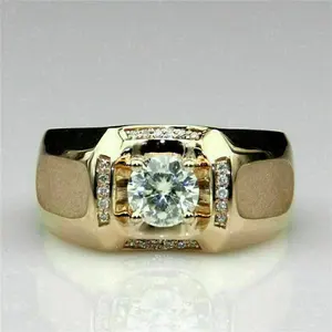 Moissanite Mens Iced Out Gold Plated 925 <b>Silver</b> Vintage <b>Statement</b> <b>Ring</b> Round Cut Center Stone Claw Setting 18gm - Product Image 1