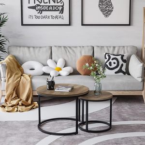 Nesting Coffee Table Set of 2 for Living Room Round Wooden Top & Matte Black Metal Base Space Saving Modern Coffee Tables - Product Image 3