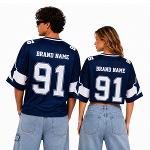 Camiseta de fútbol americano con cuello en V, azul, de malla oversize, unisex, para parejas, estilo Y2K, streetwear, blusa de verano hip hop con estrellas, rayas y números. - Product Image 2