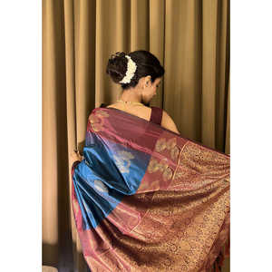 Samiksha Elite Weaves Blue Soft Silk Floral Border Contrast Zari Woven Saree 0.65g for <b>Cocktail</b> <b>Dresses</b> - Product Image 1