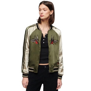 Women Varsity <b>Jacket</b> Olive Green Satin Embroidered Birds Full Sleeve Zipper Front Regular Fit Autumn Style - Product Image 1