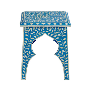 Tabouret artisanal en os incrusté de motifs floraux, table d'appoint de luxe en résine bleue, table d'appoint marocaine en gros pour mobilier de salon - Product Image 1
