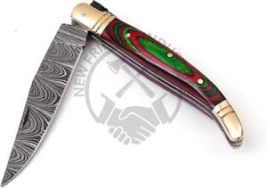 Couteau pliant en acier Damas, nouvelle édition, avec étui en cuir, couteau de chasse Laguiole, couteau de poche avec manche en bois rouge-vert et bolster en laiton - Product Image 4