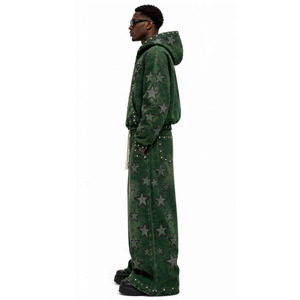 Custom Logo <b>Men</b> Streetwear Acid Wash Zip Hoodie and Wide Leg Pants Set Unisex OEM Heavyweight <b>Green</b> Washed Fleece <b>Tracksuit</b> Set - Product Image 5
