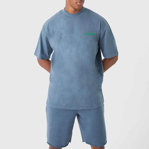 Ensemble T-shirt et short respirant en coton uni pour homme, col montant, tissu tricoté, décontracté, délavé à l'acide, 250 GSM, 2 pièces, tenue d'été - Product Image 2