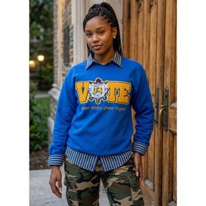 Women <b>Royal</b> <b>Blue</b> Printed Crewneck Sweater Soft Knit Pullover Breathable Embroidered Letter Graphic Casual Winter Fashion <b>Top</b> - Product Image 1