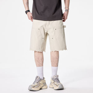 Shorts cargo en jean beige pour homme, taille mi-haute, bords bruts, effet usé, décontracté d'été, en coton tissé, avec poches - Product Image 5