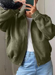 Veste en daim vert olive pour femme, manches longues, col montant, fermeture éclair, style automne - Product Image 5