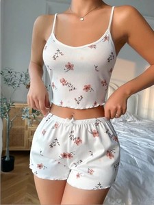Ensemble de détente côtelé à imprimé floral pour femme, caraco et short, vêtements de nuit, tenue décontractée d'été, mélange polyester/coton, taille élastique, respirant - Product Image 4