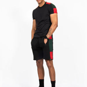Ensemble T-shirt et short pour homme, noir et rouge, style color block, tenue décontractée d'été, respirant, tricoté, 100% coton, imprimé numérique, 220g - Product Image 5