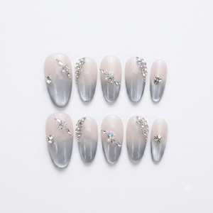 Uñas acrílicas largas de almendra perla blanca coreana elegancia helada diseño de dedo de promesa estrellada - Product Image 1