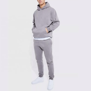 Men's Gray Hoodie And Sweatpants <b>Set</b> Solid Color Cotton French Terry Casual Autumn Wear Regular Fit Tracksuit - Product Image 1