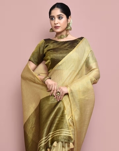 Sari en tissu KV Chanderi uni, design élégant, avec blouse non cousue, infroissable, séchage rapide, réversible, pour mariage - Product Image 1